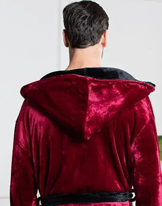 Back view of Plush Fashion Hub men's hooded robe in burgundy and black plush fabric, showcasing the small hood and cozy design.