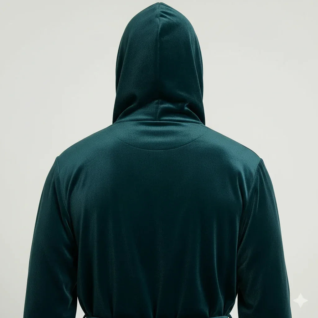 Back view of plush green and black men's hooded robe from Plush Fashion Hub, showcasing soft fabric and cozy hood.