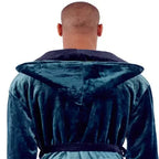 Back view of Plush Fashion Hub men's hooded robe in green and black plush fabric, showcasing the small hood and soft, cozy material.