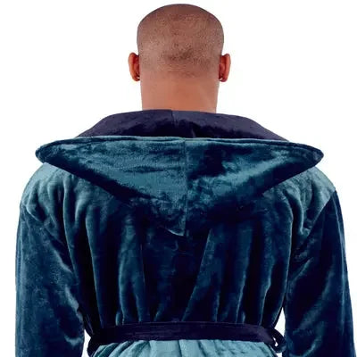 Back view of Plush Fashion Hub men's hooded robe in green and black plush fabric, showcasing the small hood and soft, cozy material.