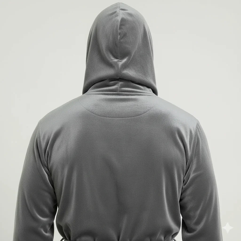 Back view of a men's hooded plush robe in grey and black by Plush Fashion Hub, showing the hood and soft fabric.