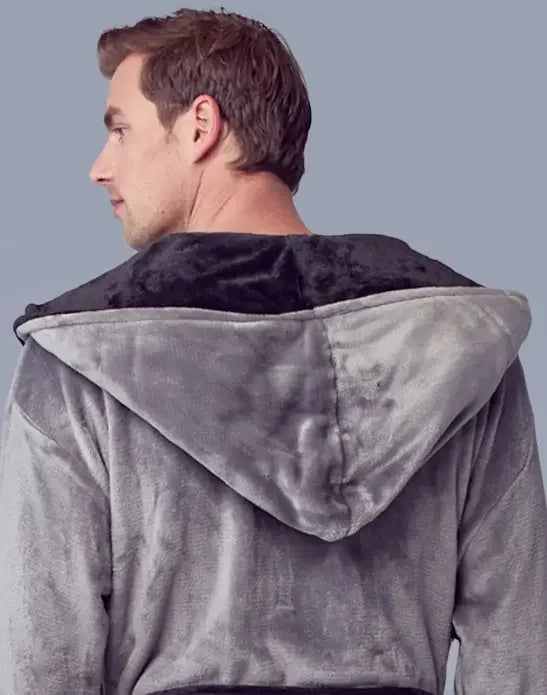 Back view of a men's hooded plush robe in grey and black from Plush Fashion Hub, showcasing the soft fabric and hood design.