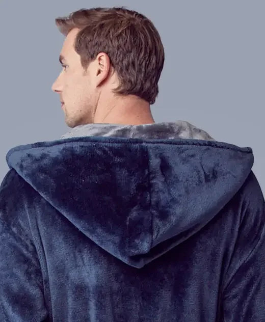 Men’s hooded plush robe from Plush Fashion Hub, showing the back view in dark grey with a soft, cozy fabric and hood.