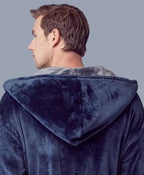 Men’s hooded plush robe from Plush Fashion Hub, showing the back view in dark grey with a soft, cozy fabric and hood.