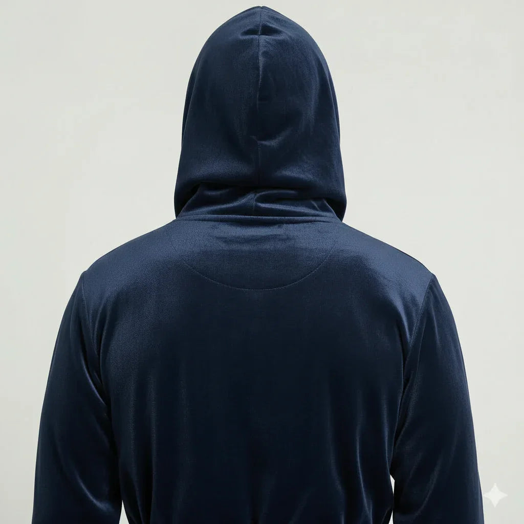 Navy and burgundy men's hooded plush robe from Plush Fashion Hub, showing the back view with soft, cozy fabric and hood.