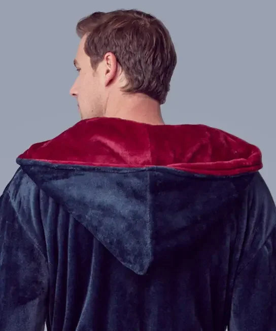 Back view of navy and burgundy men's hooded plush robe from Plush Fashion Hub, showcasing the soft, cozy fabric and relaxed fit.
