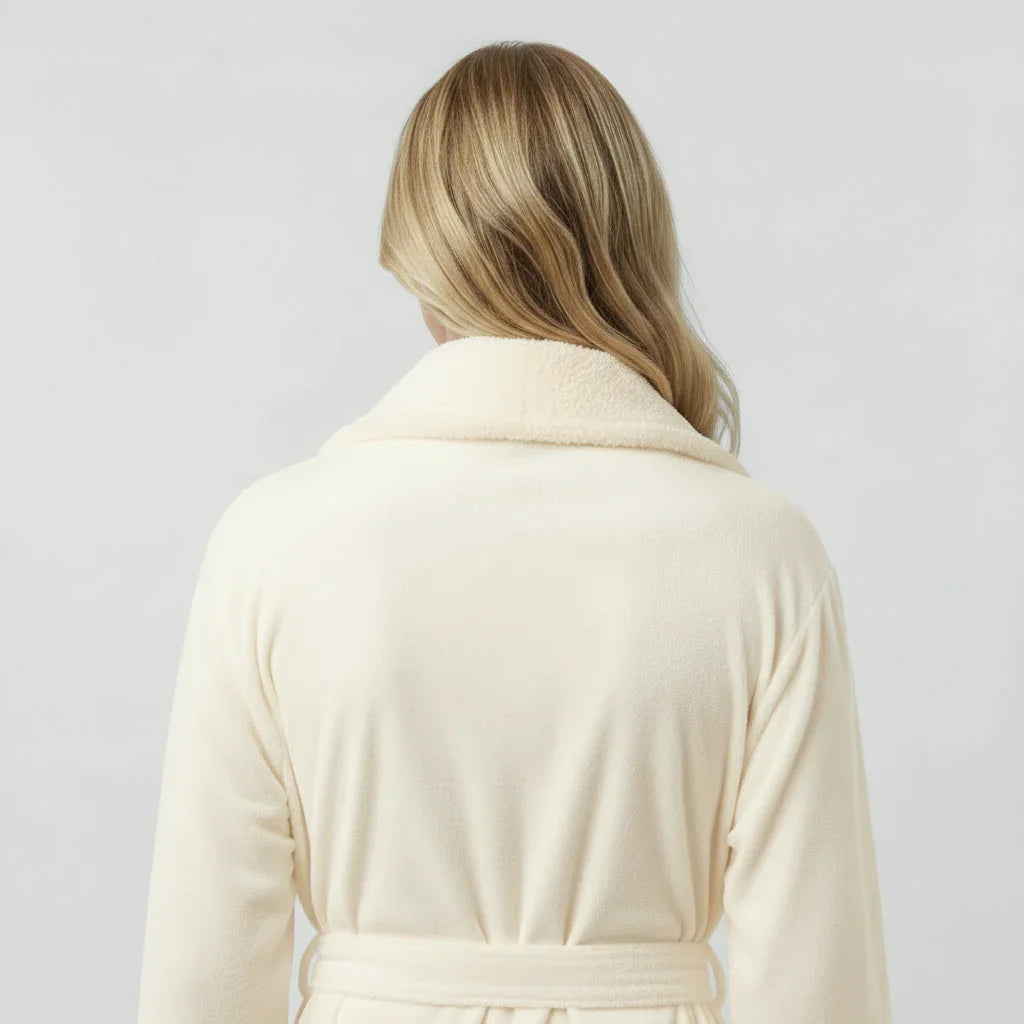 Back view of small women's ultra-soft plush bathrobe by Plush Fashion Hub, showing cozy, plush fabric and relaxed fit.