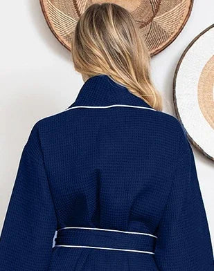 Navy knee-length waffle robe for women with piping, back view, from Plush Fashion Hub, soft and cozy lounge robe.
