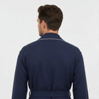 Back view of small navy men's waffle piping robe from Plush Fashion Hub, showcasing the soft fabric and detailed piping design.