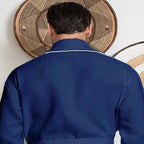 Back view of navy men's plush waffle piping robe with small piping details, made by Plush Fashion Hub.