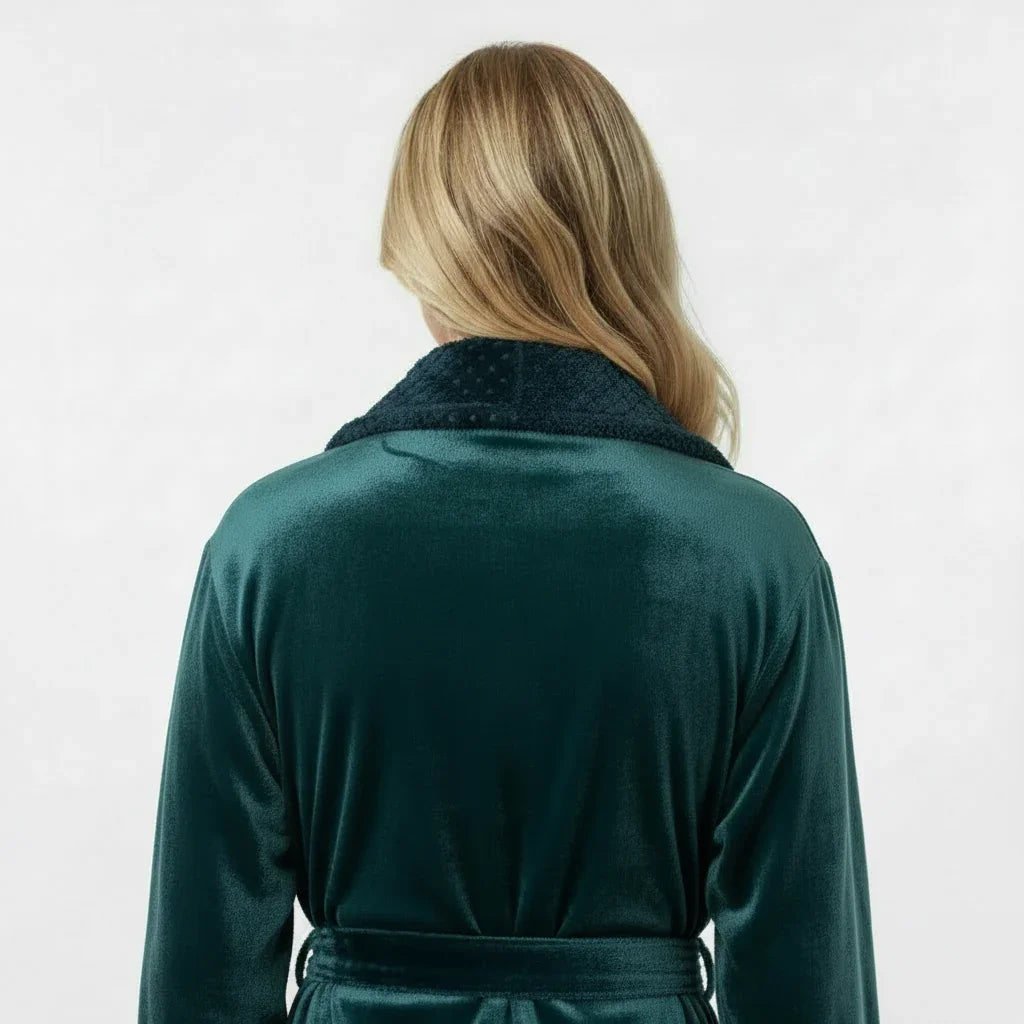 Back view of women's navy plush bathrobe by Plush Fashion Hub, showing soft fabric and cozy fit.