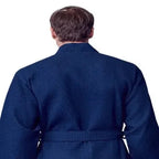 Navy blue men's waffle spa bathrobe from Plush Fashion Hub, lightweight and absorbent, shown from the back.