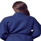 Back view of navy knee-length waffle robe for women by Plush Fashion Hub, showing textured fabric and relaxed fit.