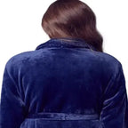 Navy women's ultra soft plush bathrobe from Plush Fashion Hub, showing the back view with small size and cozy fabric.