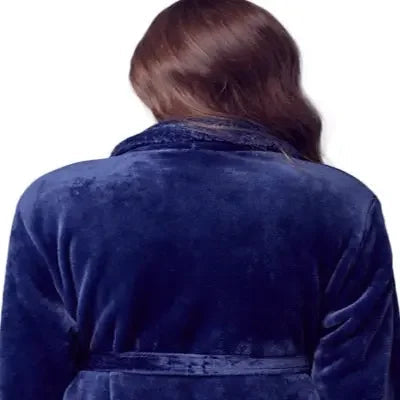 Navy women's ultra soft plush bathrobe from Plush Fashion Hub, showing the back view with small size and cozy fabric.