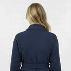 Back view of navy knee-length waffle robe for women by Plush Fashion Hub, showing textured fabric and relaxed fit.