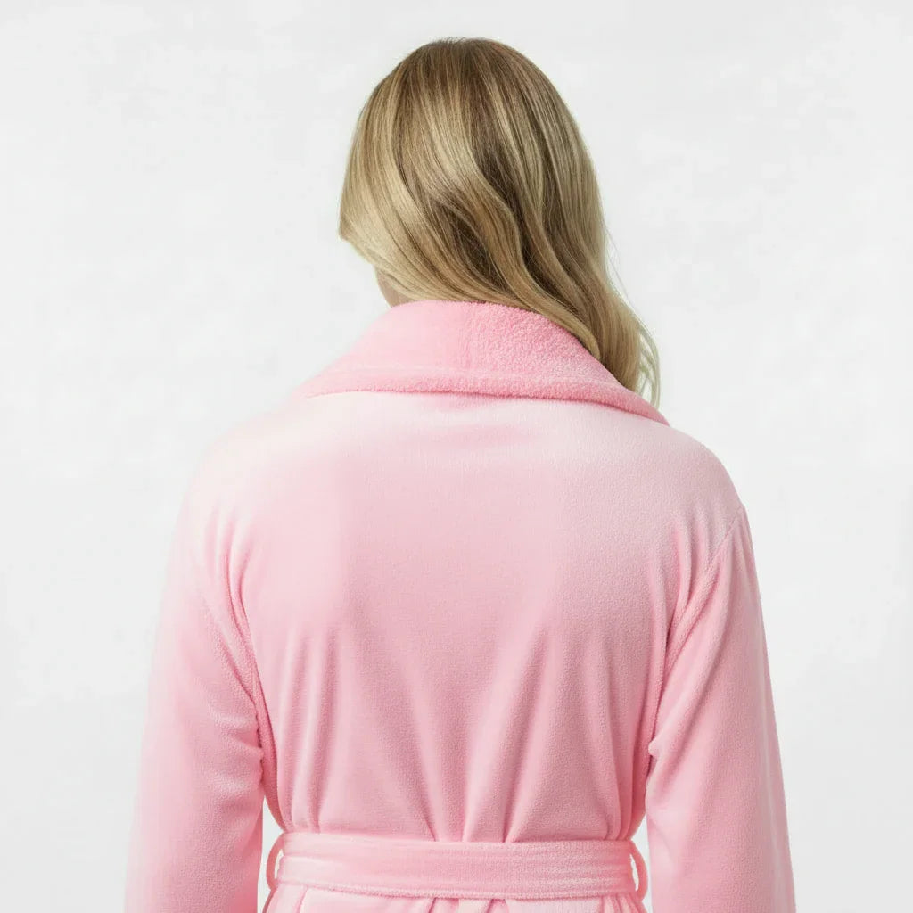 Back view of small pink women's plush bathrobe by Plush Fashion Hub, showcasing soft, cozy fabric and relaxed fit.