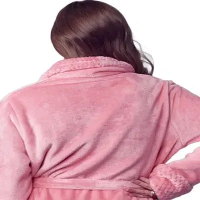 Back view of a small pink women's ultra soft plush bathrobe by Plush Fashion Hub, showing cozy, plush fabric and relaxed fit.