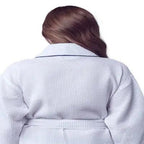 Back view of a small white women's waffle piping bathrobe from Plush Fashion Hub, lightweight spa-style comfort with piping details.