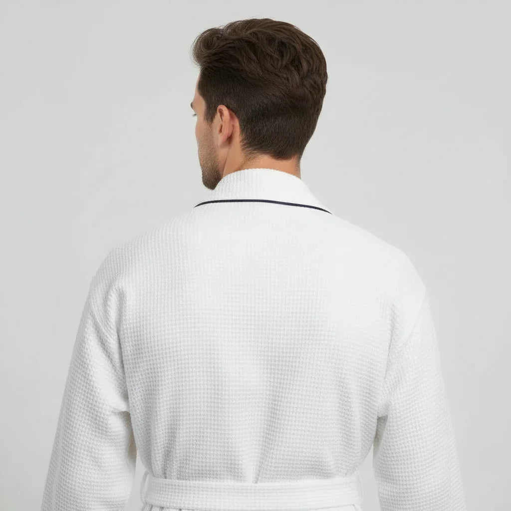 Back view of small white men's waffle piping robe by Plush Fashion Hub, showing soft fabric and contrasting piping details.