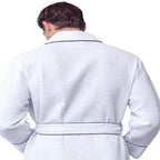 Back view of small white men's waffle piping robe by Plush Fashion Hub, featuring piping details and a comfortable fit.