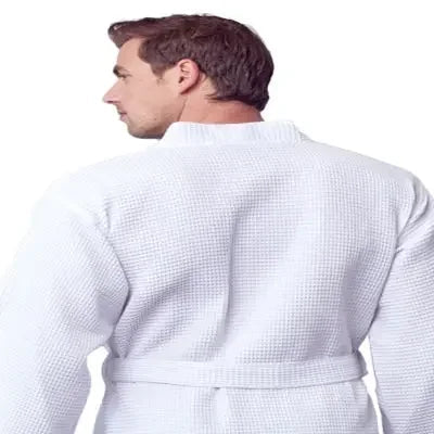 White Plush Fashion Hub men's waffle spa bathrobe shown from the back, lightweight and absorbent for comfortable lounging.