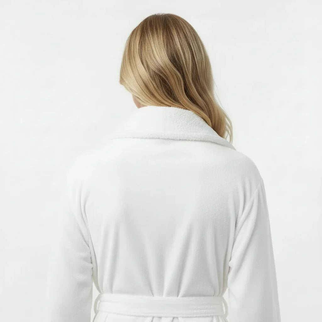 White women's plush bathrobe from Plush Fashion Hub, showing the back view with small size and soft, cozy fabric.