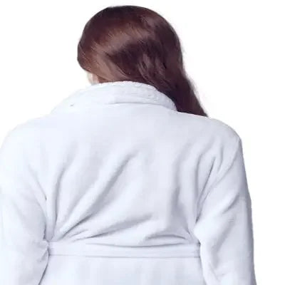 Back view of small white women's plush bathrobe from Plush Fashion Hub, showcasing soft, cozy fabric and comfortable fit.