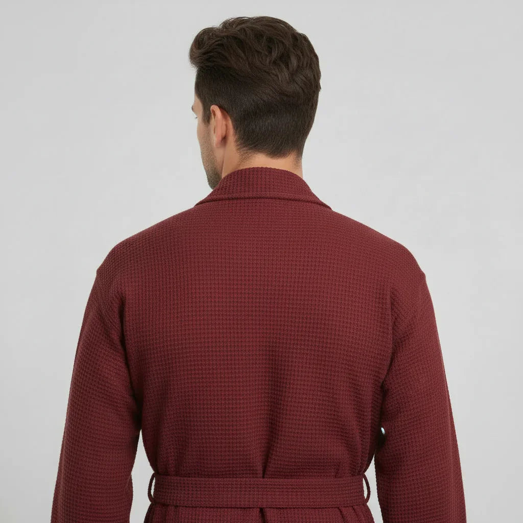 Wine-red plush men's waffle spa bathrobe from Plush Fashion Hub, showing the back view with small size and lightweight absorbent fabric.