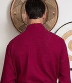 Wine-red plush men's waffle spa bathrobe from Plush Fashion Hub, showing the back with a lightweight, absorbent texture.