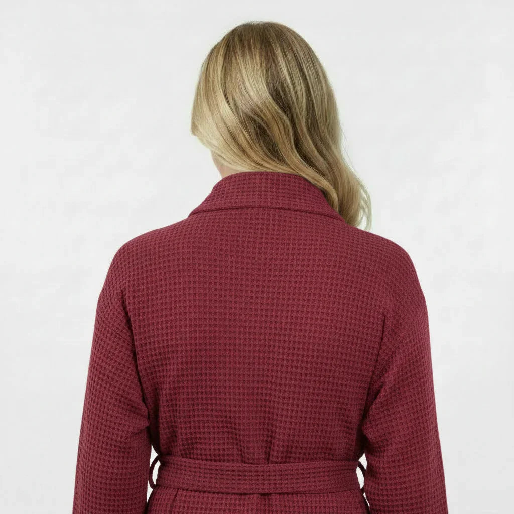Womens wine-red waffle robe by Plush Fashion Hub, lightweight, quick-dry spa comfort, shown from the back with small size.
