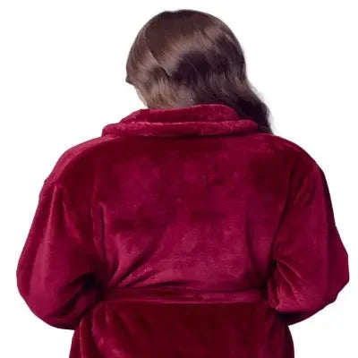 Women’s wine red plush bathrobe from Plush Fashion Hub, back view showing soft, cozy fabric and relaxed fit.