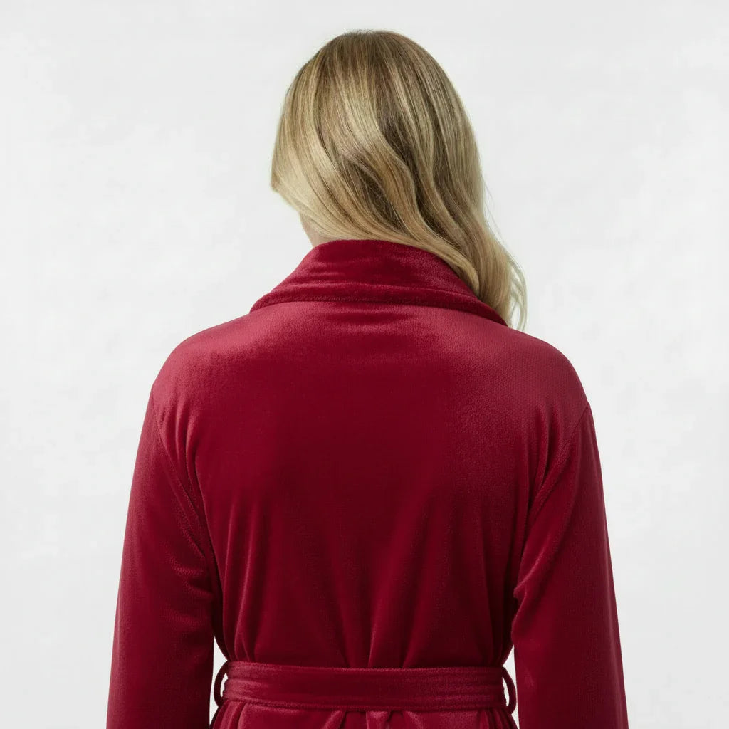 Back view of small wine red women's plush bathrobe from Plush Fashion Hub, showcasing soft, cozy fabric and relaxed fit.
