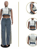 Zip front crop top and striped pants set by Shopimist, featuring a stylish crop top with a zip closure and matching striped wide-leg pants.