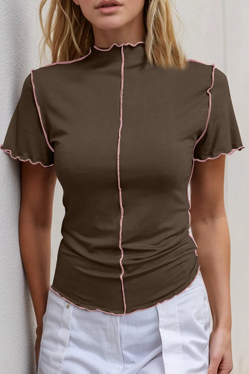 Women's contrast trim mock neck short sleeve knit tee by Trendsi, featuring a fitted style with color-blocked trim and classic silhouette.