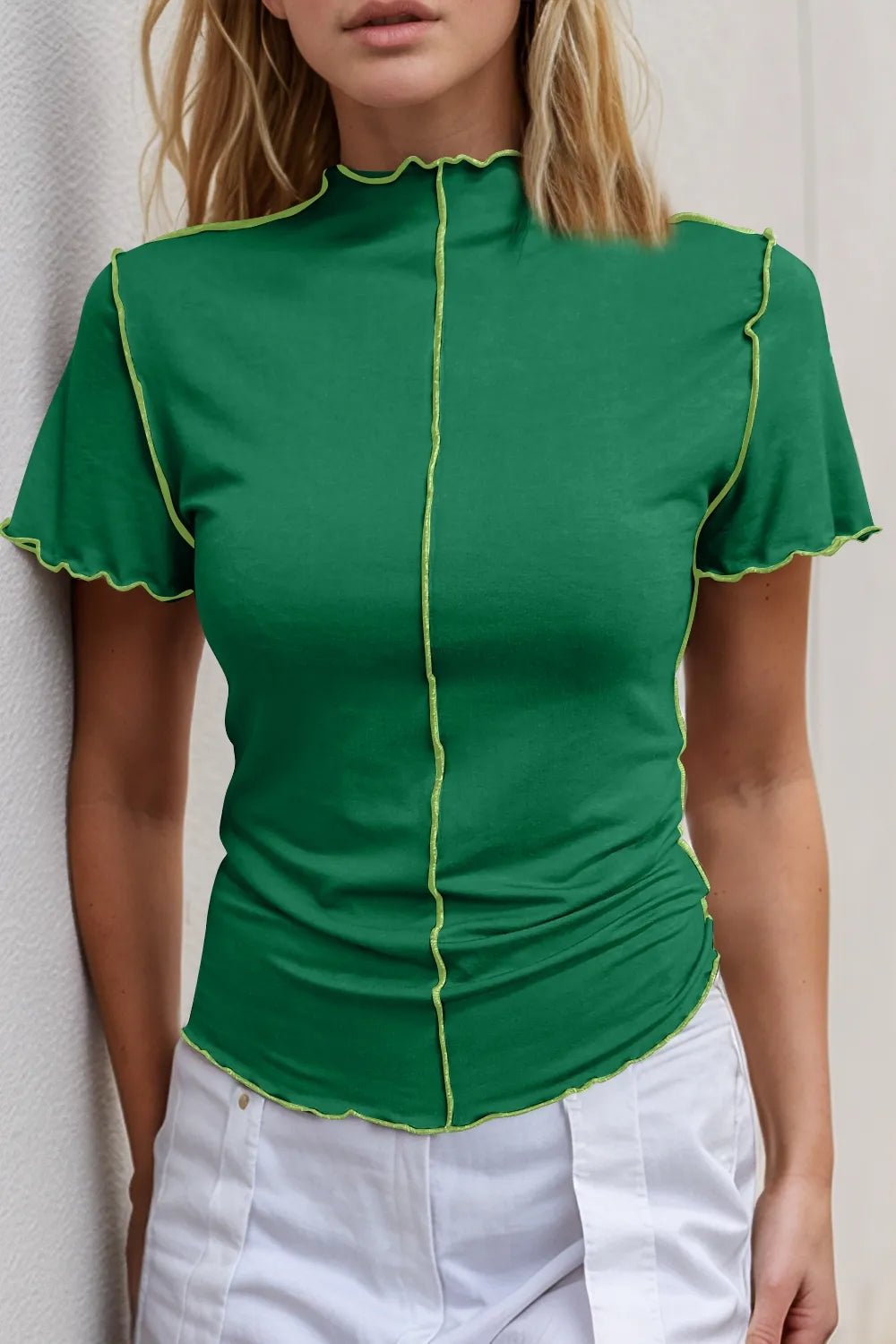 Women’s stretch knit mock neck short sleeve tee with contrast trim, casual women’s top by Trendsi.