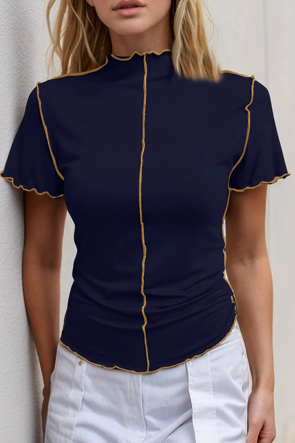 Women's stretch knit short sleeve tee with contrast trim mock neck from Trendsi, showcasing a stylish casual top.