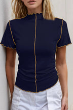 Women's stretch knit short sleeve tee with contrast trim mock neck from Trendsi, showcasing a stylish casual top.