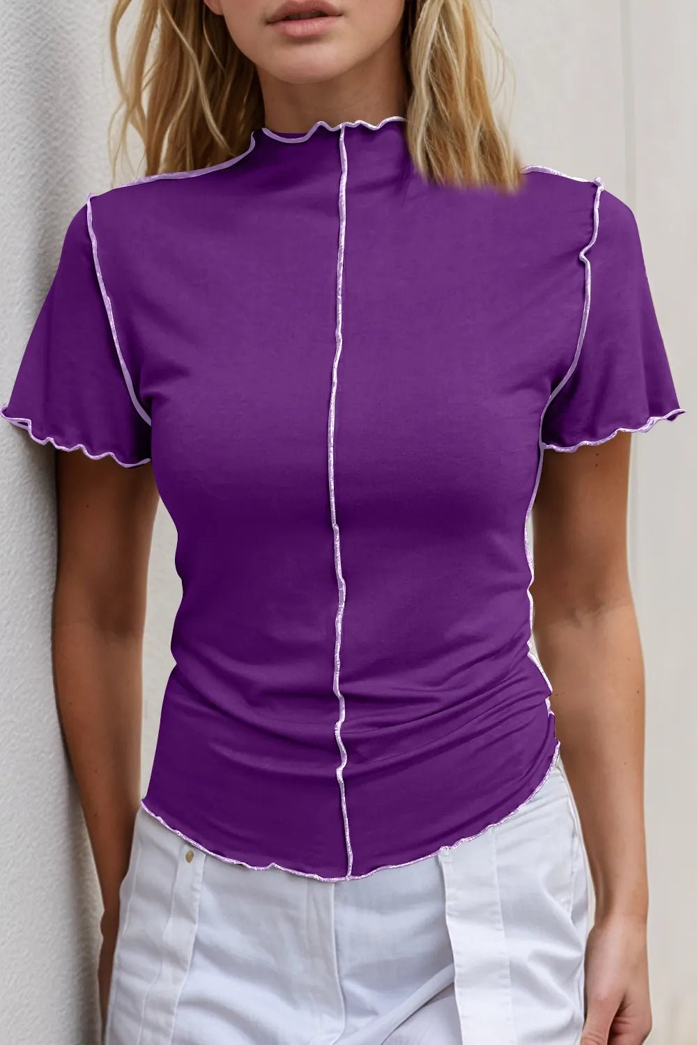 Women's stretch knit mock neck tee with contrast trim, short sleeves, casual women's apparel by Trendsi.