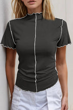 Women's stretch knit mock neck short sleeve tee with contrast trim, casual women's top by Trendsi.