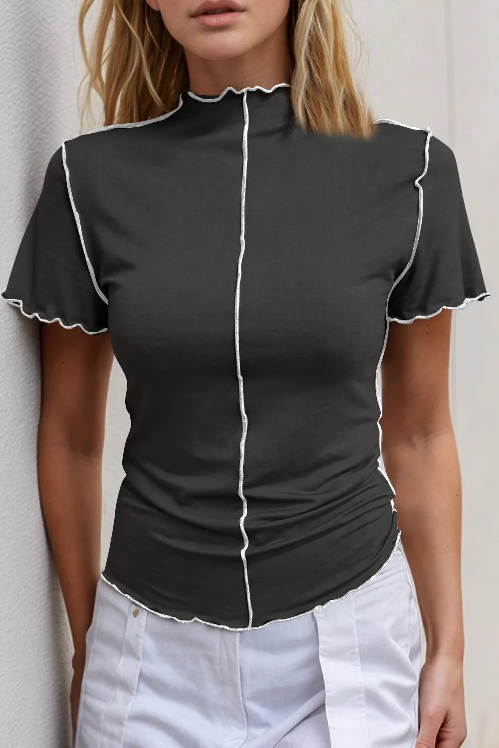 Women's stretch knit mock neck short sleeve tee with contrast trim, casual women's top by Trendsi.