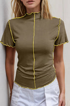 Women's contrast trim mock neck short sleeve tee from Trendsi, featuring a stretch knit fabric and stylish design.