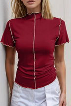 Women's stretch knit mock neck short sleeve tee with contrast trim, stylish women's apparel by Trendsi, casual and comfortable fit.