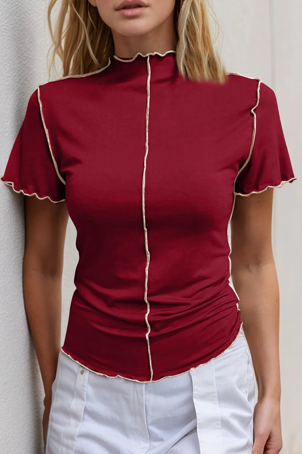 Women's stretch knit mock neck short sleeve tee with contrast trim, stylish women's apparel by Trendsi, casual and comfortable fit.