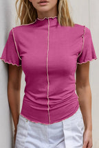 Women's contrast trim mock neck short sleeve tee from Trendsi, made of stretchy knit fabric, featuring a stylish contrast trim detail.