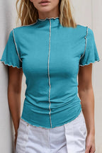 Women's contrast trim mock neck short sleeve tee by Trendsi, stretch knit top with classic design and color blocking.