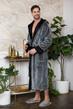 Men’s plush bathrobe with hood, ultra-soft and cozy, featuring a relaxed fit and front pockets for everyday comfort from Plush Fashion Hub.
