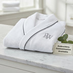 Soft beige men's waffle piping robe from Plush Fashion Hub, featuring a relaxed fit and cozy design for comfortable lounging.