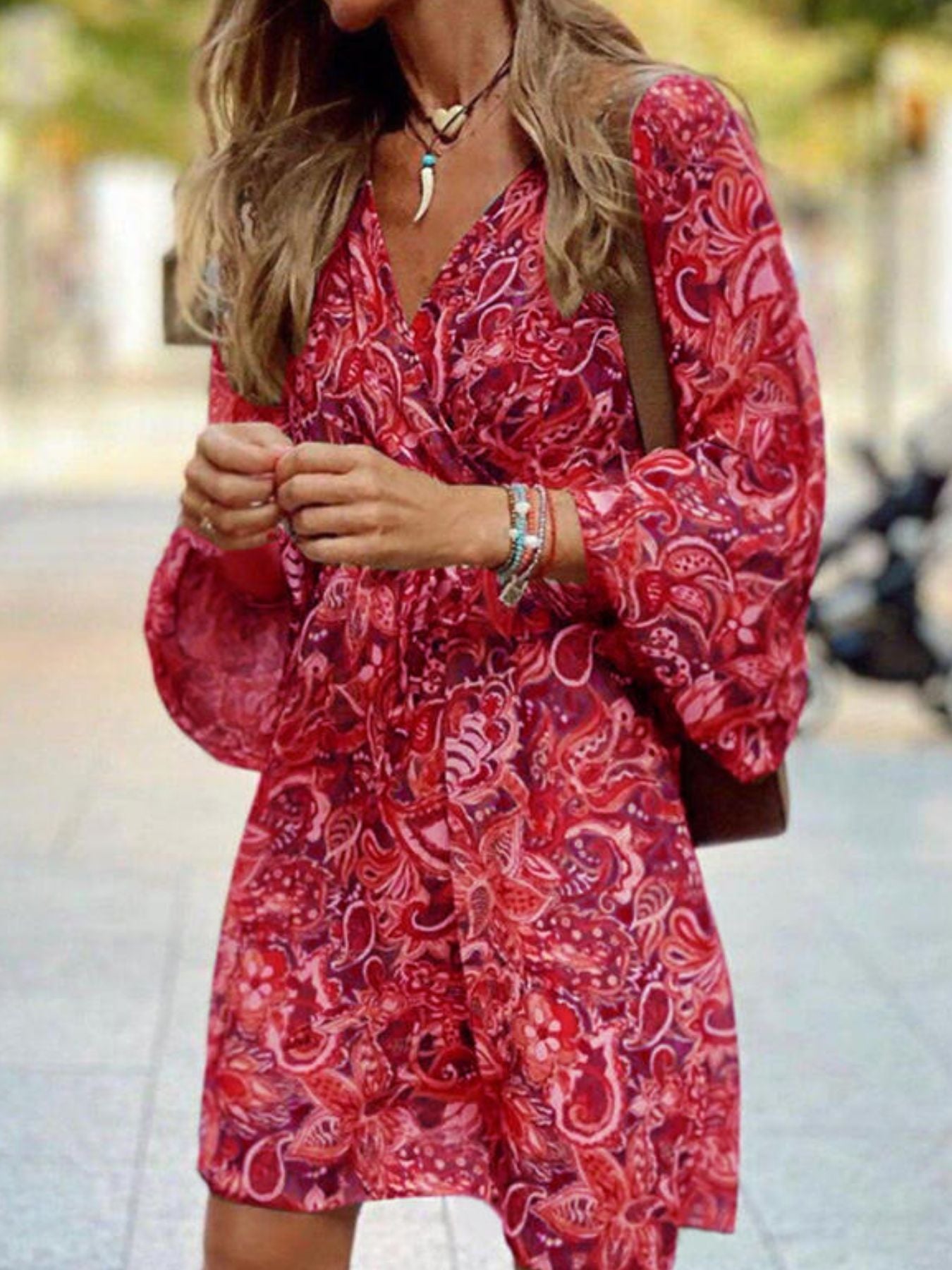 Paisley print balloon sleeve mini dress by Plush Fashion Hub featuring boho style and a flattering fit for stylish parties.