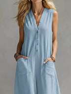 Plus size Shopimist full size v-neck sleeveless wide-leg jumpsuit displayed on a hanger with a neutral background.